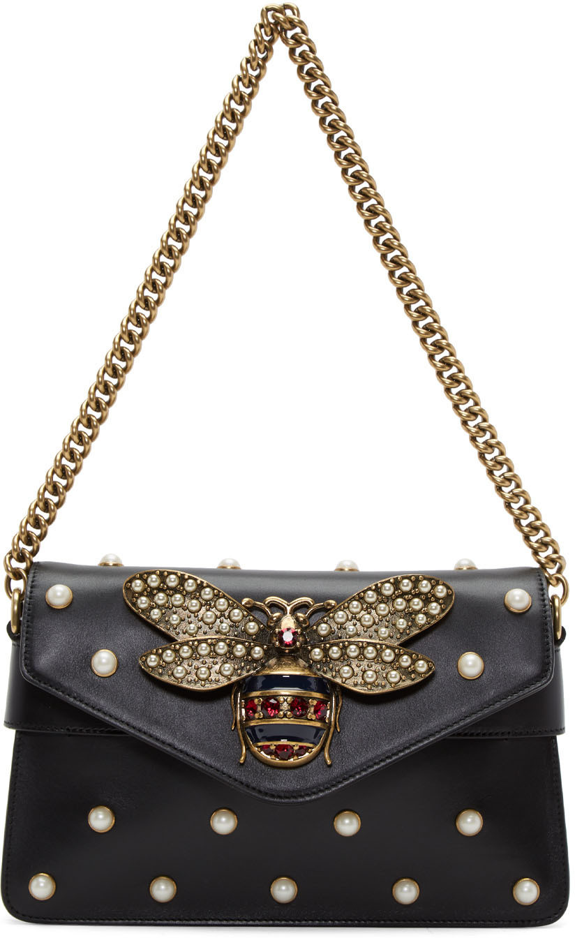 GUCCI Broadway Bee Embellished Leather Shoulder Bag in Black ModeSens