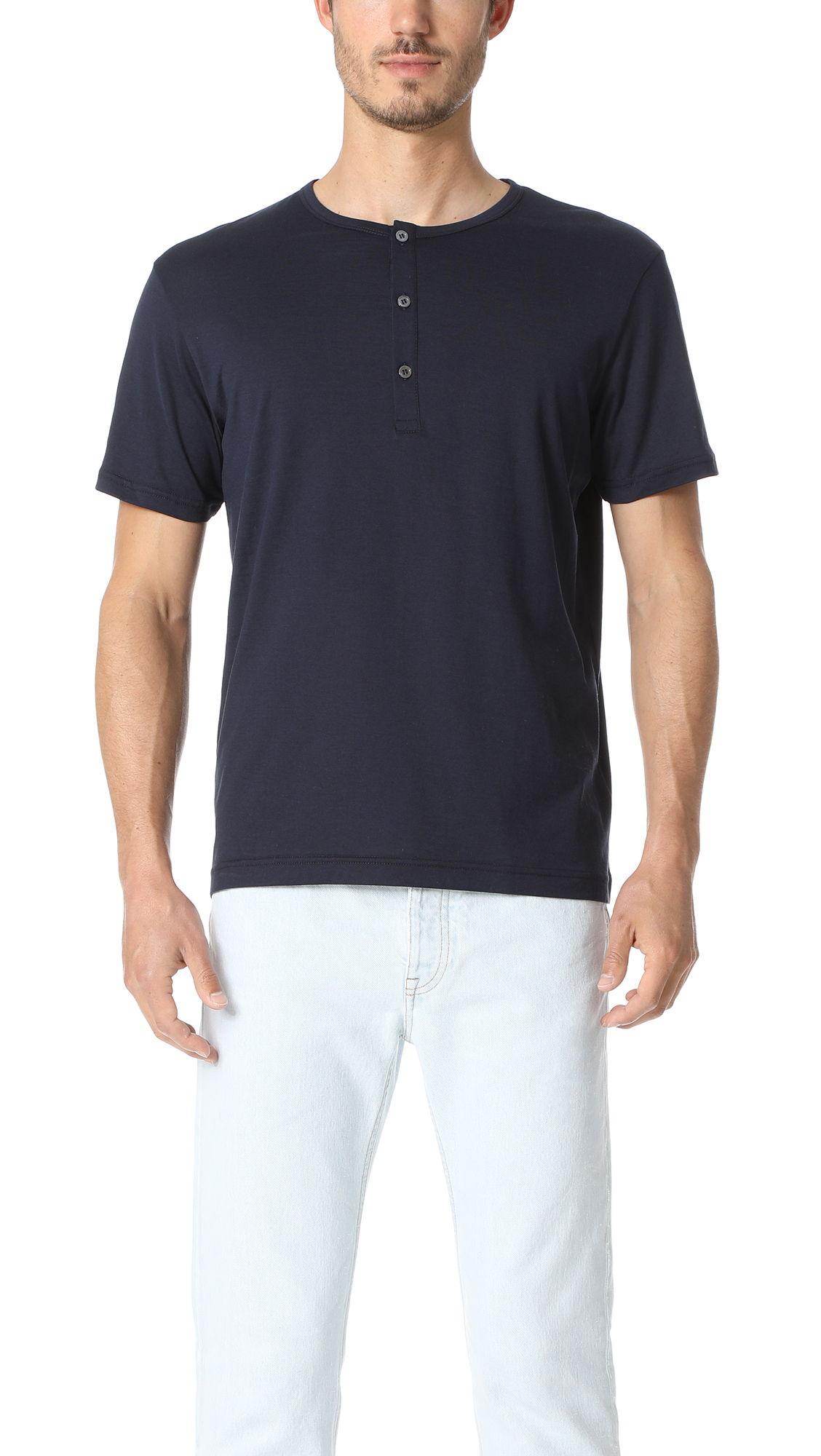 Sunspel Q82 Short Sleeve Henley in Navy;White | ModeSens