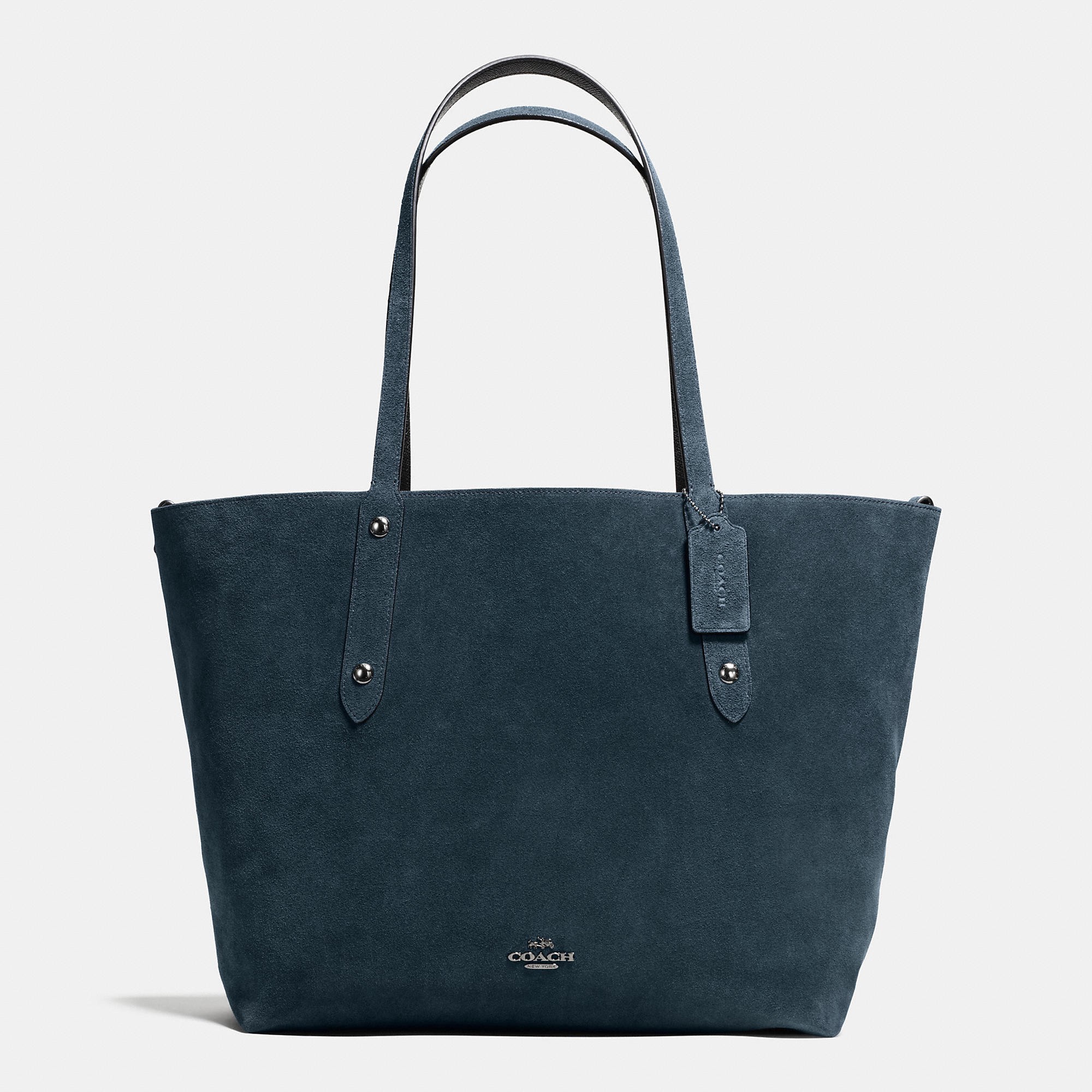 COACH Reversible Large Market Tote In Suede And Crossgrain Leather in Dark Gunmetal/Mineral