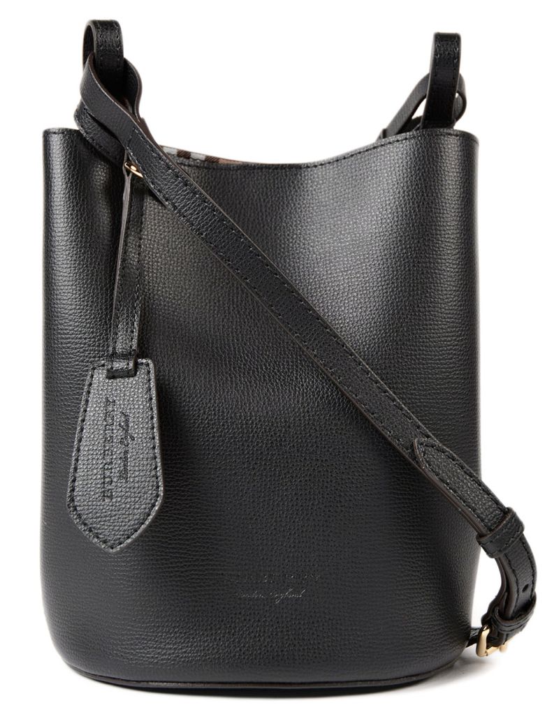 BURBERRY Small Leather & Haymarket Check Bucket Crossbody Bag in Black