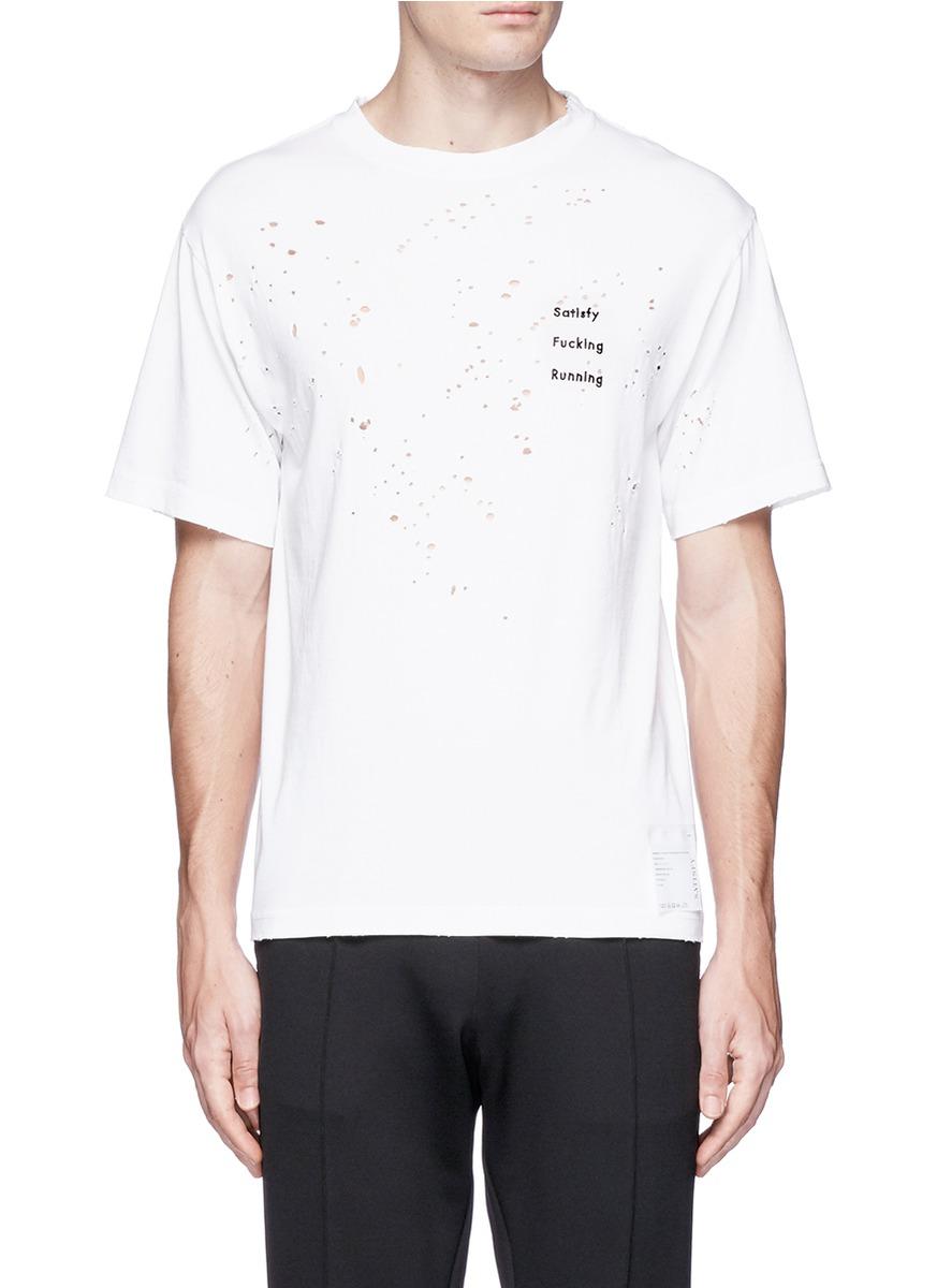 SATISFY Slogan appliqué moth-eaten running T-shirt