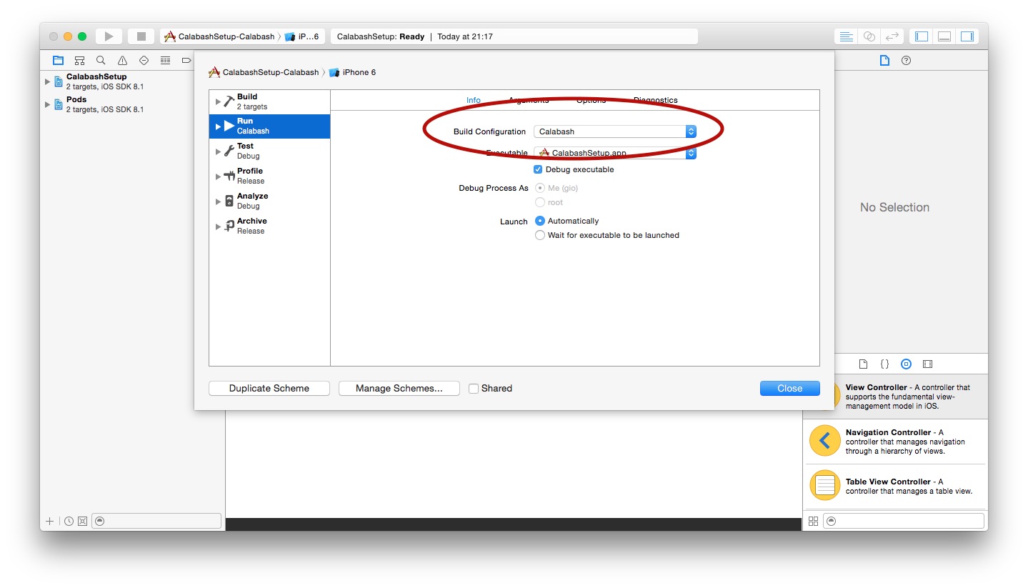 Setup Calabash for iOS with CocoaPods and Build Configurations - Edit Scheme