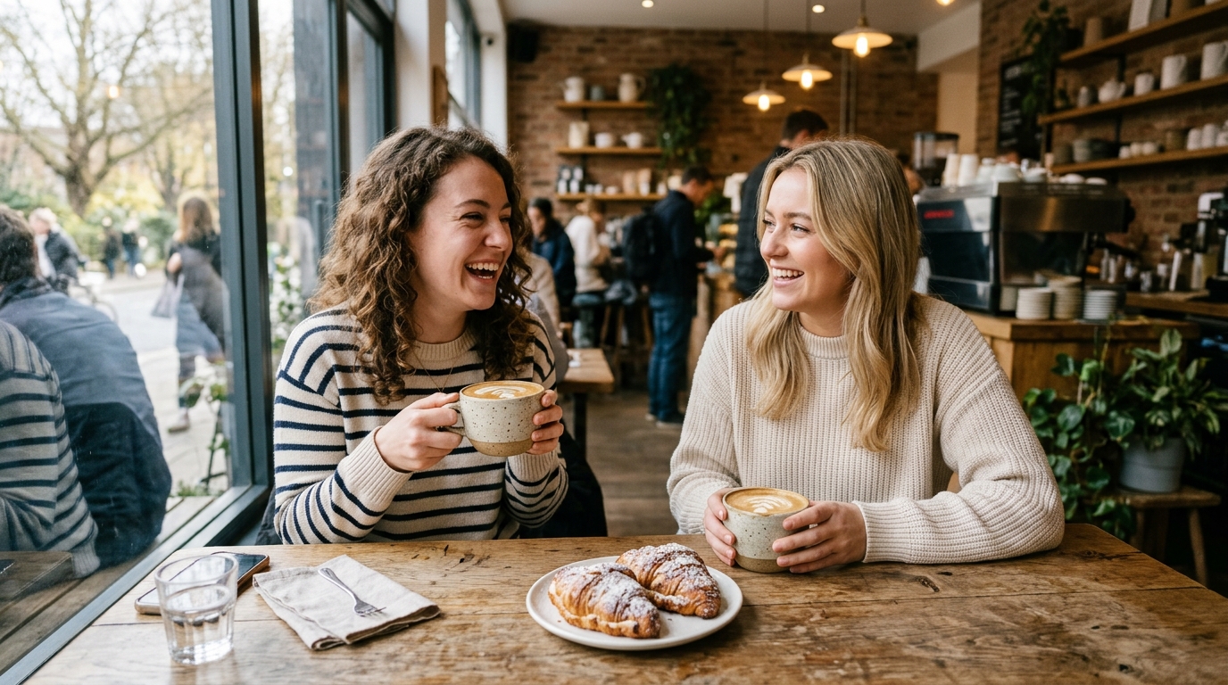 Friends sharing coffee and croissants on Moment Page restaurant digital signage