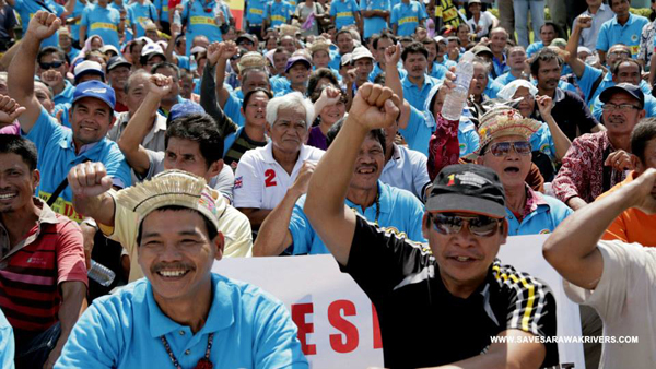 Protest today by indigenous groups at the biannual IHA congress. Photo courtesy of SAVE Rivers.