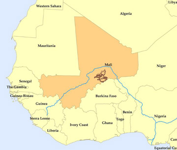 Brown lines show migration routes of Mali's elephants. Map courtesy of the Mali Elephant Project. 