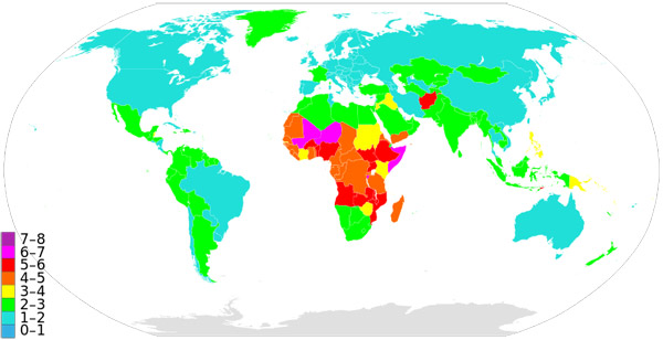 Fertility rate based on CIA Factbook 2014. The numbers on the left relate to how many children per woman. Photo by: Supaman89.