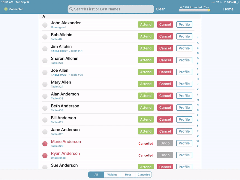 Animated GIF showing how to manage table assignments on an iPad