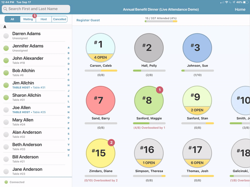 Animated GIF showing how to manage table assignments on an iPad