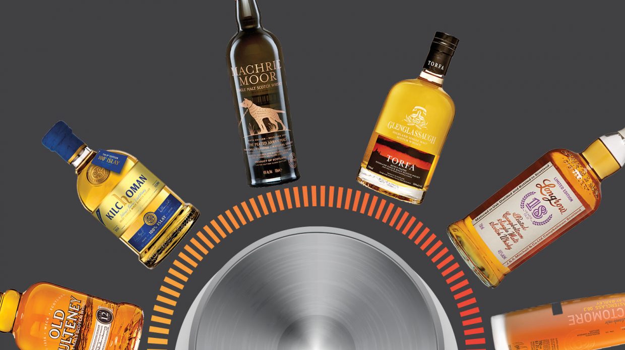 bottles of peaty scotch arranged around a volume dial