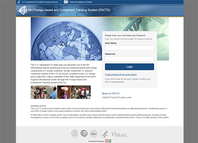 NIH Foreign Award and Component Tracking System (FACTS) website thumbnail