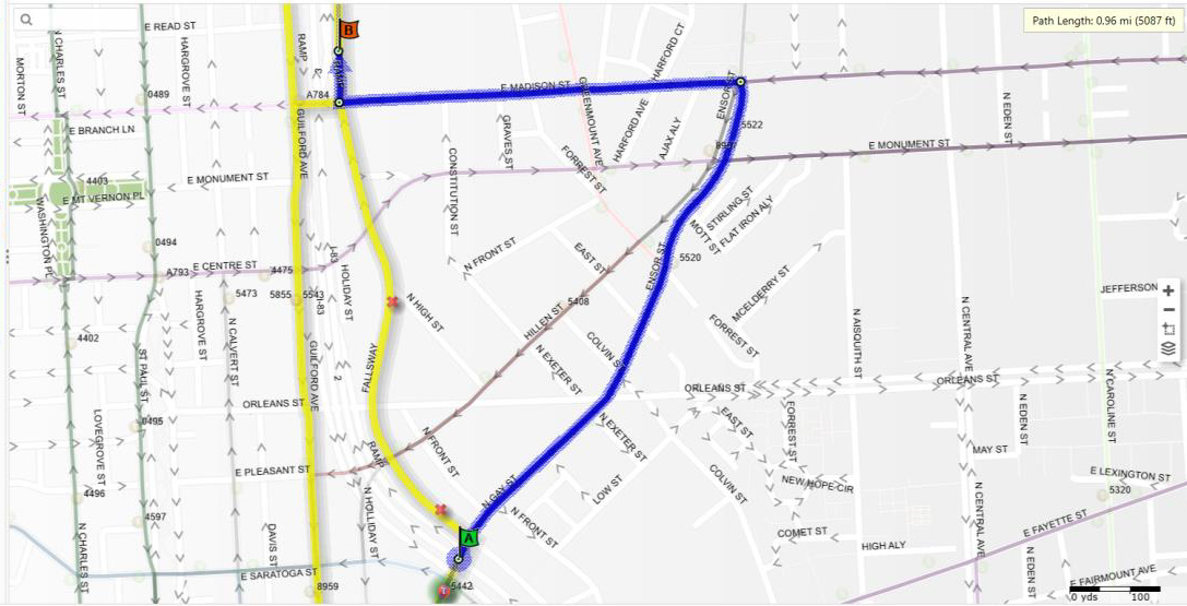 CityLink Yellow northbound detour map on Gay Street
