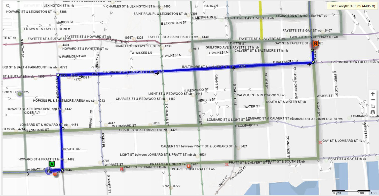 CityLink Yellow northbound detour map on Pratt Street