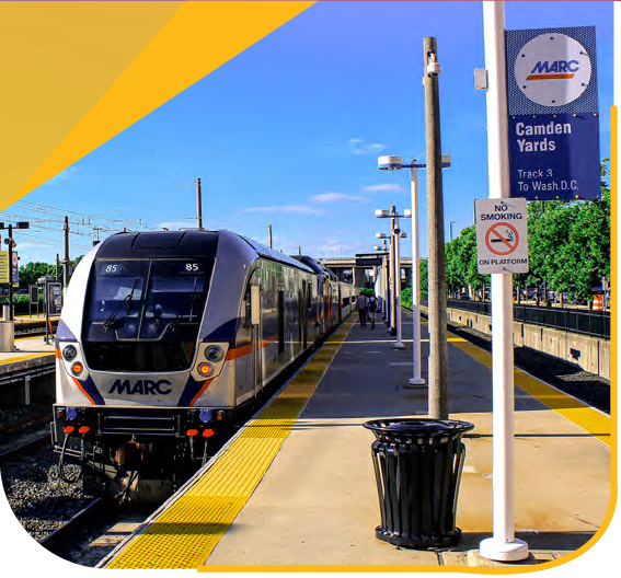 MARC train stopped at Camden Yard station