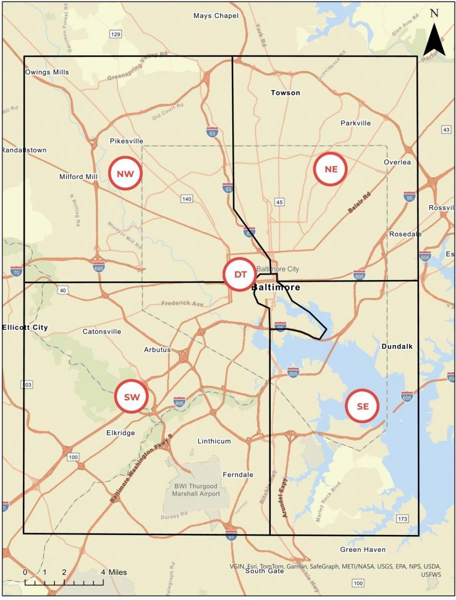 Map of the five Ride & Seek scavenger hunt districts in the Baltimore metropolitan area.