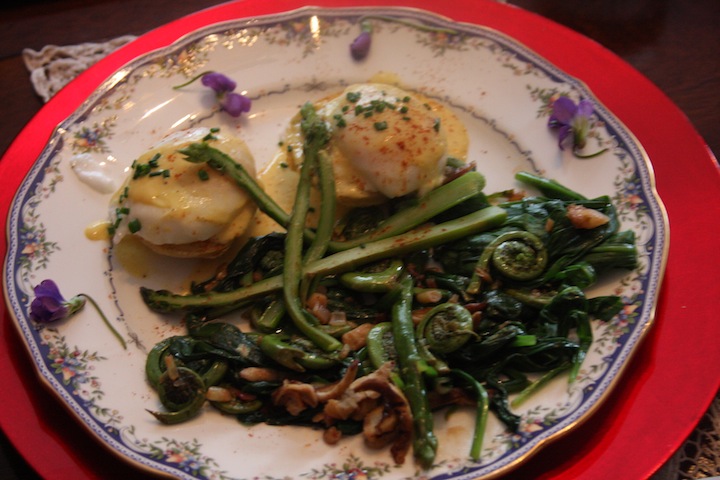 New England's spring delicacy, fiddlehead ferns! Enhanced with local mushrooms and first-of-the season asparagus, topped with poached eggs for great flavor.