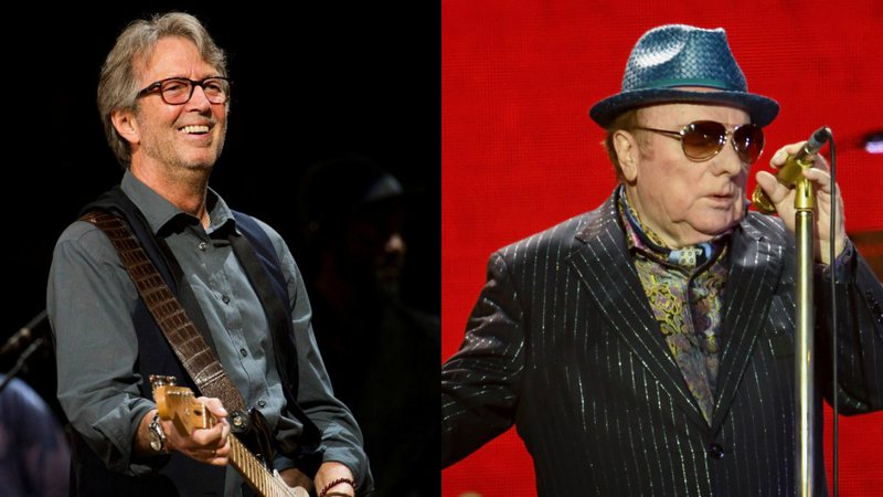Na imagem, uma montagem com Eric Clapton, do lado direito, olhando sorridente para o público, de óculos de grau e tocando guitarra. E do lado esquerdo, Van Morrison, de óculos escuros, chapéu e terno preto, segurando um microfone dourado e sério.