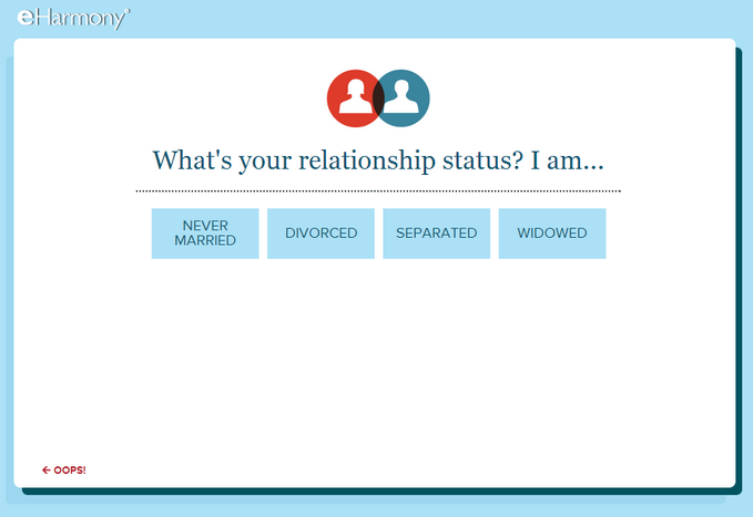 Screenshot of eHarmony relationship status question.