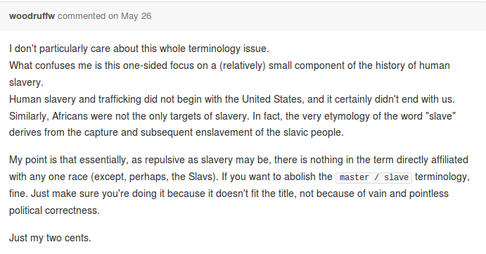 What confuses me is this one-sided focus on a (relatively) smnall component of the history of human slavery. Human slavery and trafficking did not begin with the United States, and it certainly didn't end with us. Similarly, Africans were not the only targets of slavery. In fact, the very etymology of the word 'slave' derives from the capture and subsequent enslavement of the slavic people.