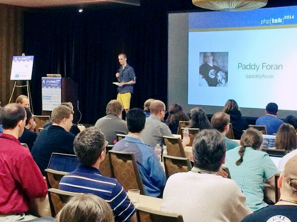 Image of the author speaking at the phptek event.