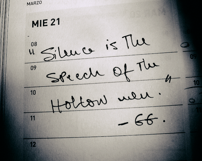 A note in a datebook: 'Silence is the speech of the hollow well. -GG.'