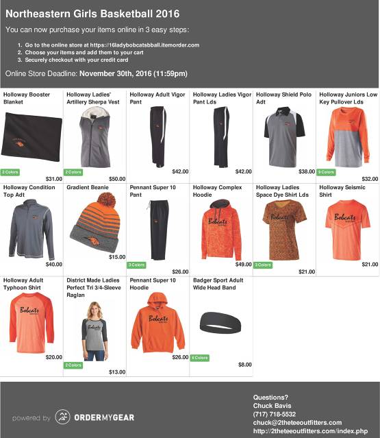 2016 Northeastern Girls Basketball Mechandise