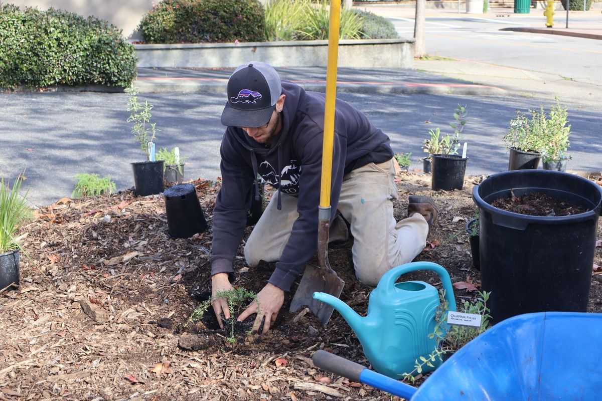 Gabriel demonstrating how to plant.