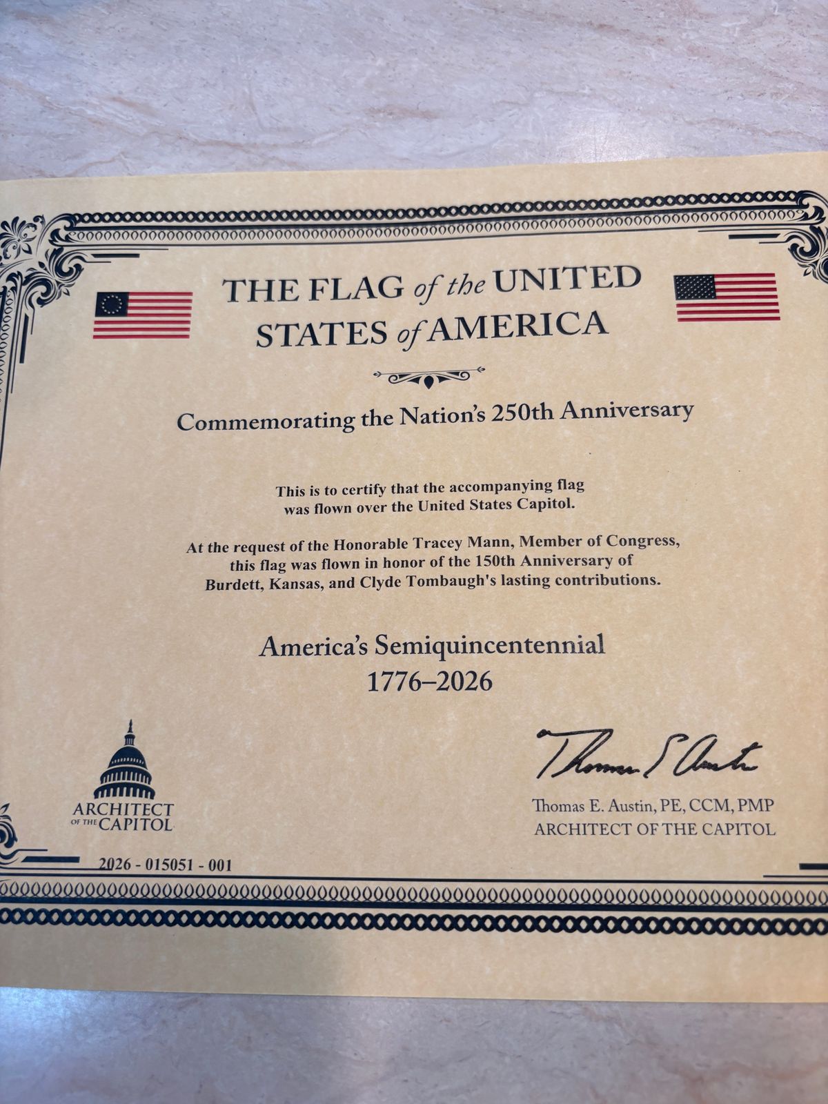 Proclamation sent by Tracy Mann honoring Burdett's 150 years in existence