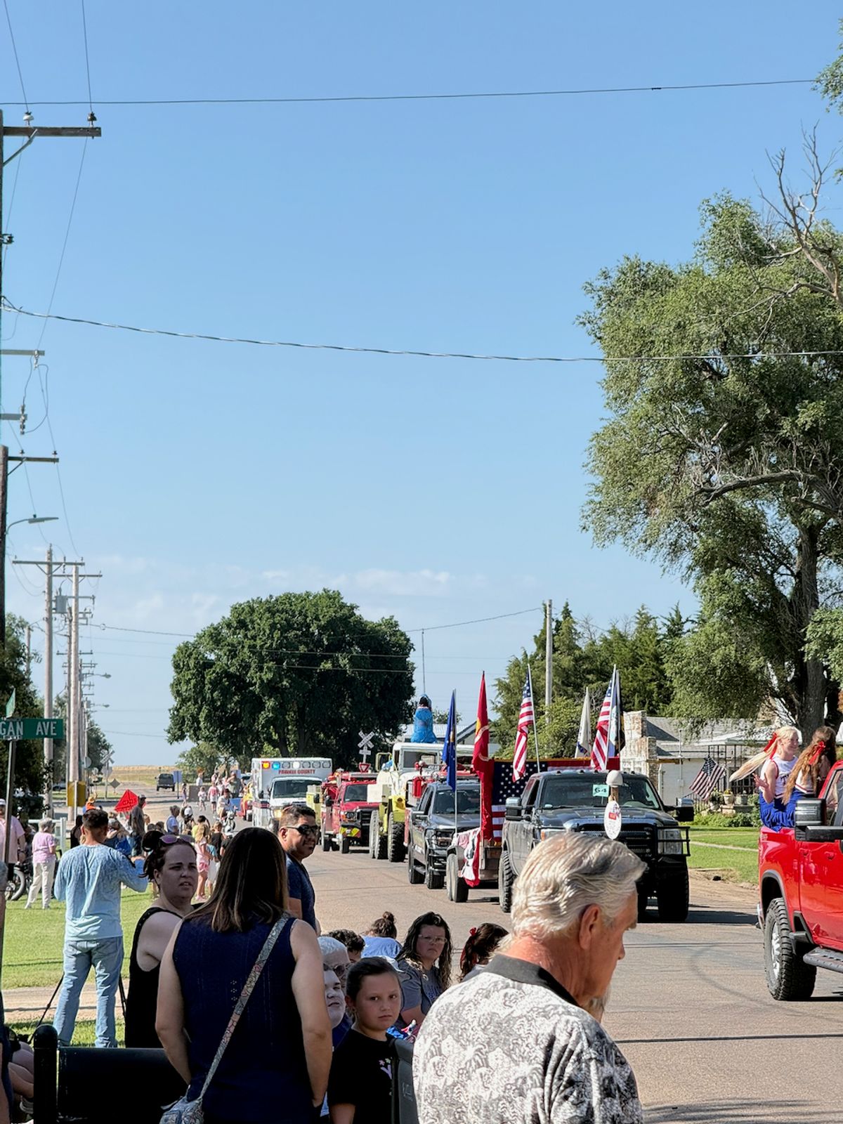 American Legion Past Riders leading the Burdett 150 Parade. Flag was sent to Burdett from Tracy Mann who flew the flag over the US Capital in honor of Burdett's 150th Year in existence.