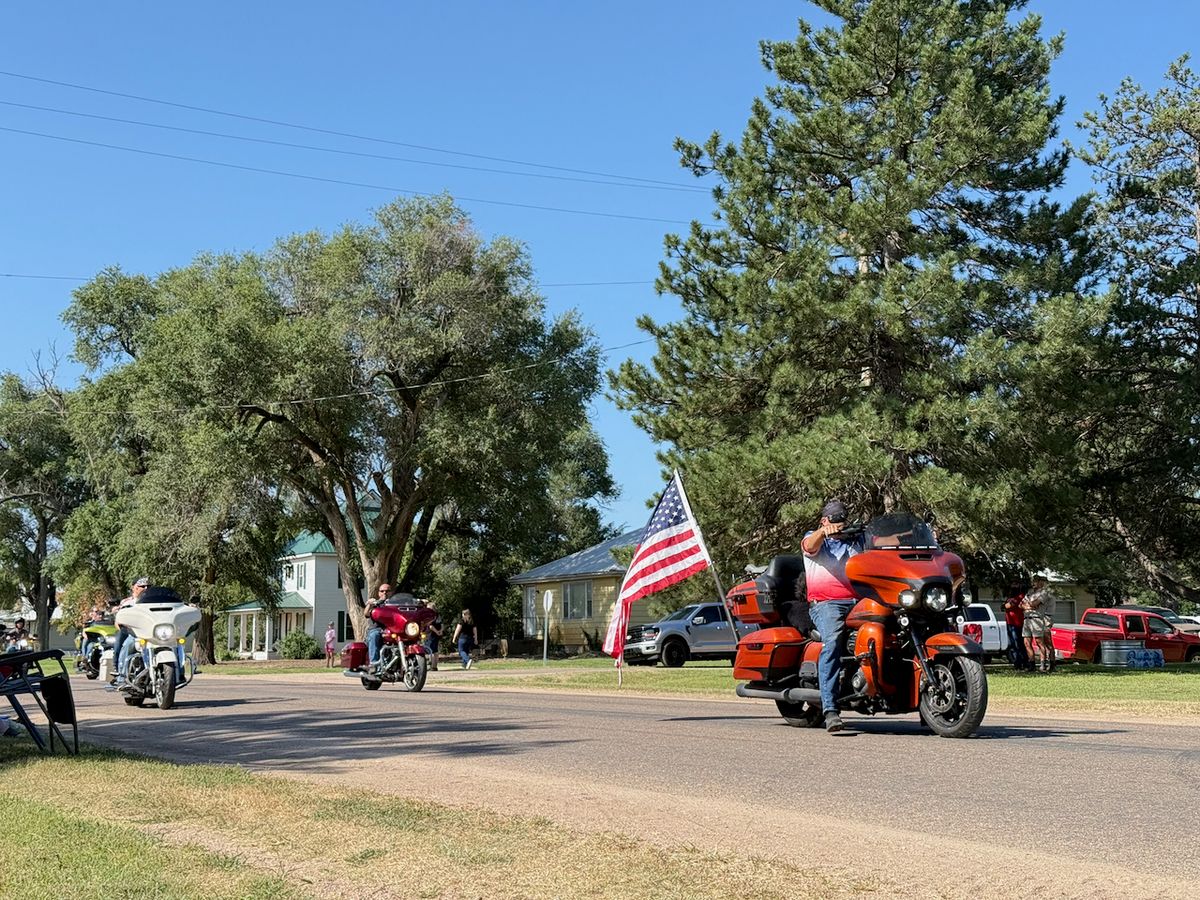 American Legion Past Riders led by Mark J. carrying Flag sent to Burdett from Tracy Mann who flew the flag over the US Capital in honor of Burdett's 150th Year in existence.