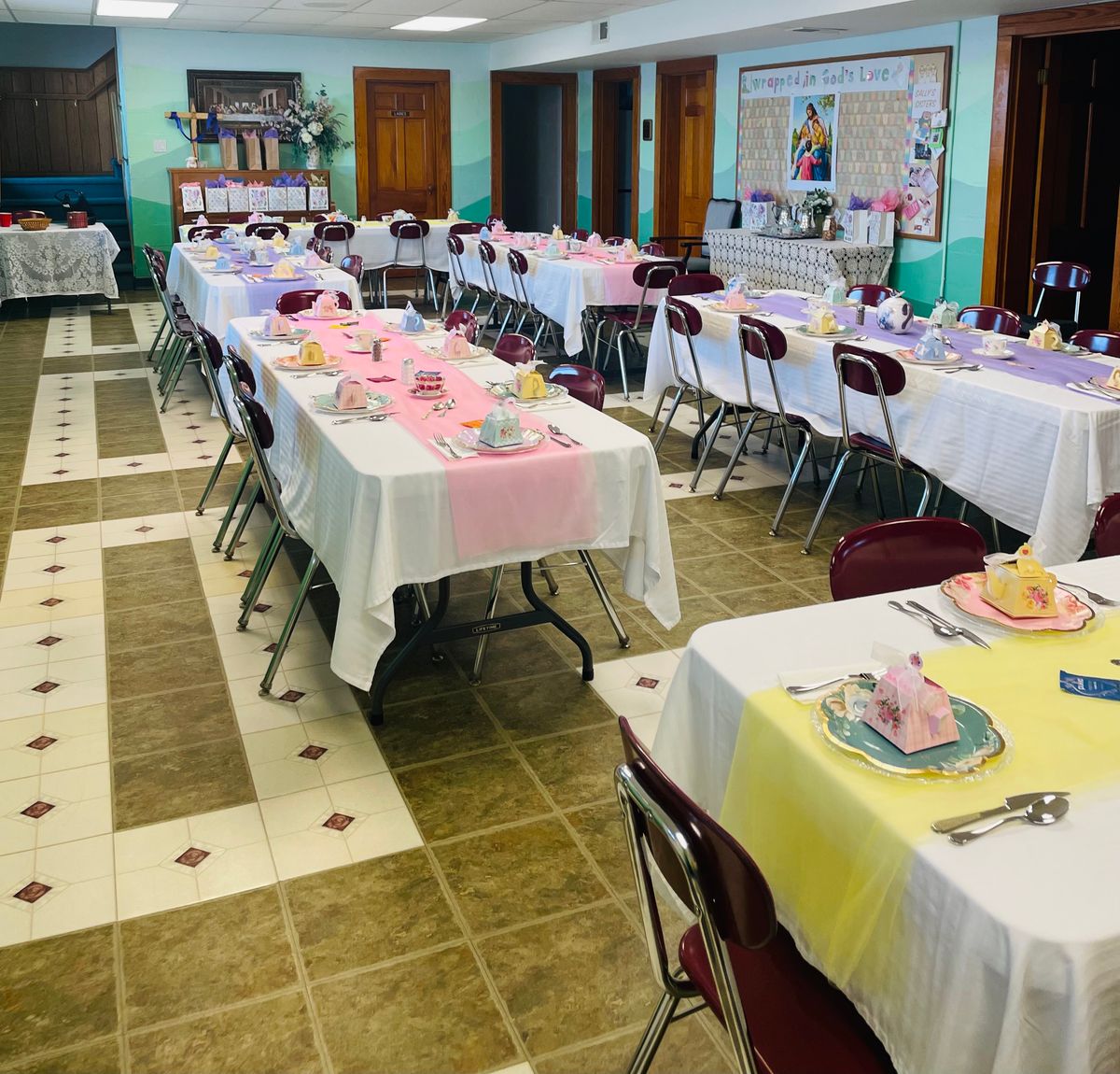 Fellowship Hall decorated for our Qtrly Women's Dinner 03/26/2026