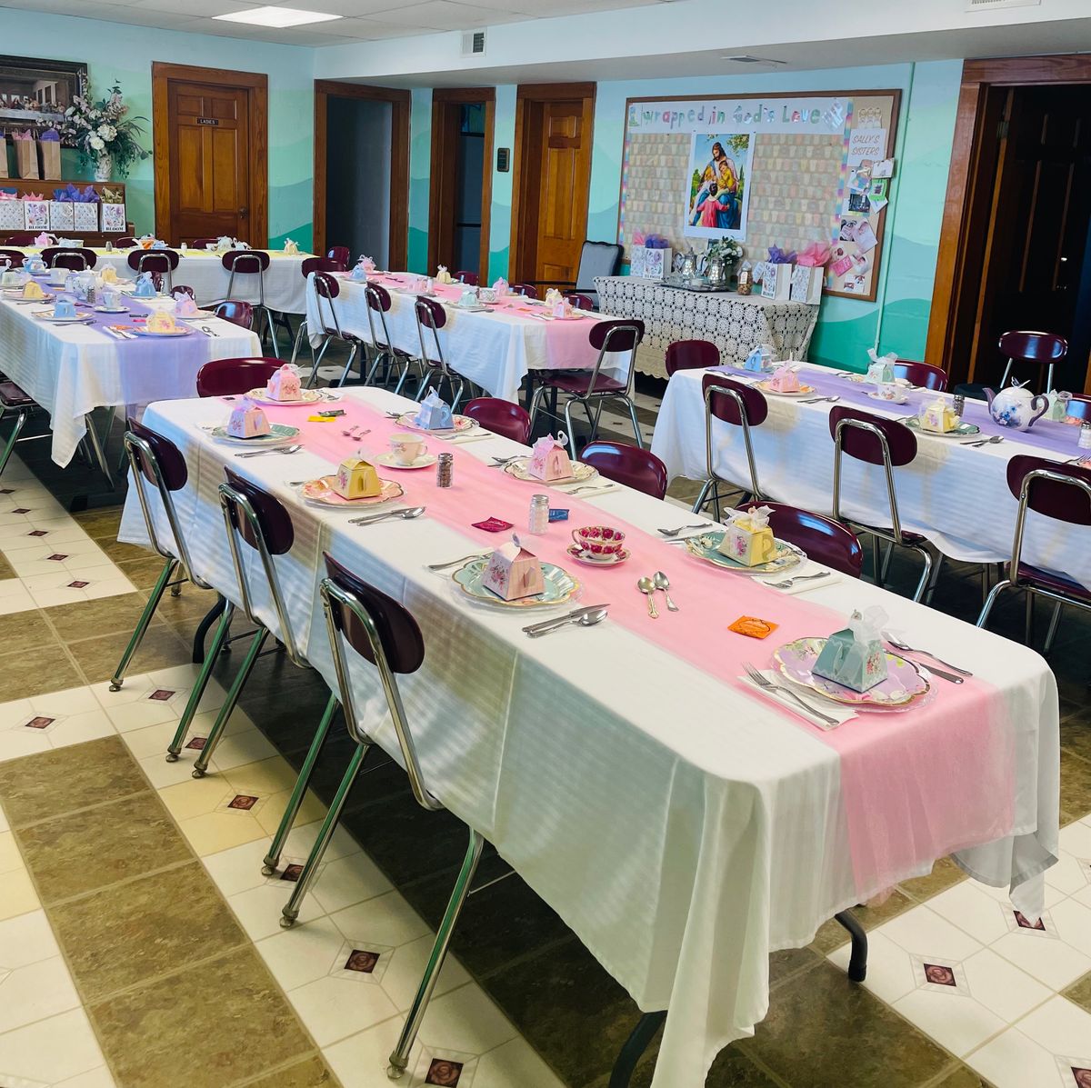 Fellowship Hall decorated for our Qtrly Women's Dinner 03/26/2026