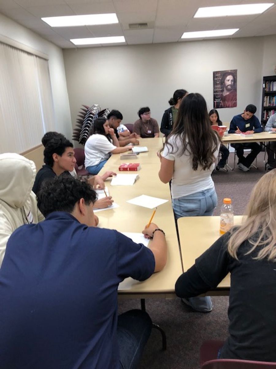 Students participate in a Scripture study exercise.