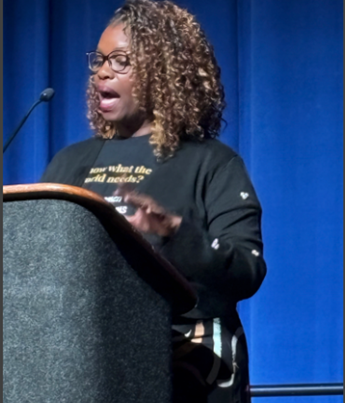 Ebony Diaz, UWFaith staff, presenting in the UNSTOPPABLE Town Hall (membership campaign)