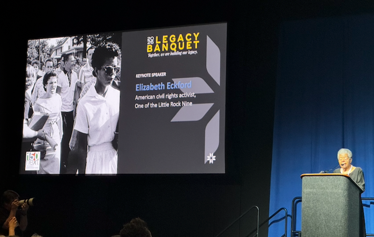 Now a retired history teacher, Elizabeth Eckford (shown at the podium and in the sunglasses) spoke about being in the Little Rock 9 and the lessons we are still learning.