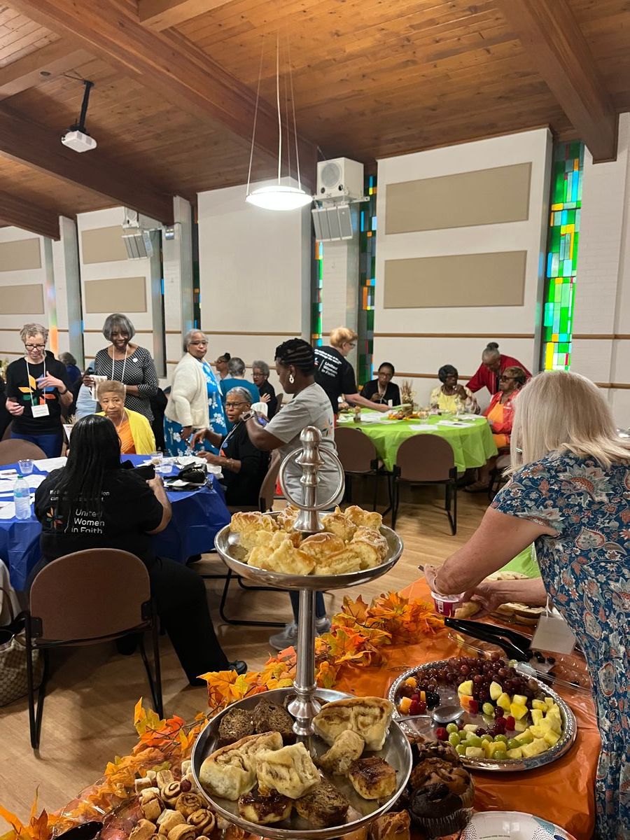 Coffee and Re-Connecting in the Fellowship Hall at Ridgewood Park UMC.