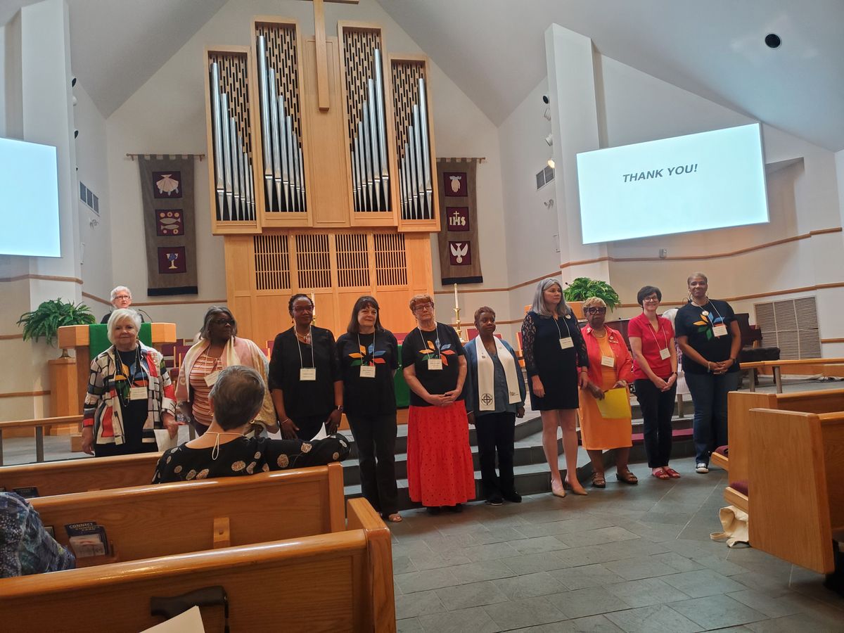 2026 Officers (L to R): Barbara Dorff, Pres., Barbara Johnson, VP, Cindie Cooper, Sec., Holly McGowan, Treas., Phyllis Cummins, Comm., Dee-Dee Spivey, Spiritual Growth, Brooke Palmer, Social Action, Alga Smith, MN&O, Kim Hefley, E&I,