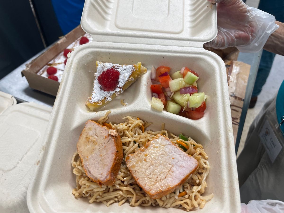 Today's meal: Cold pork over Asian noodles, cucumber and tomato salad and lemon bar