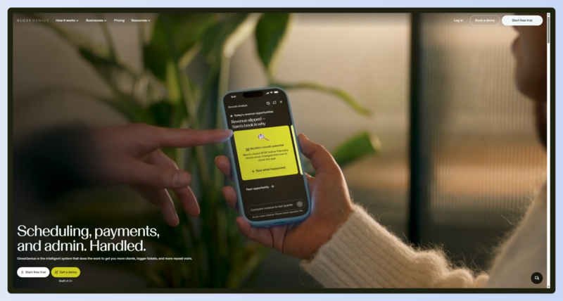 GlossGenius salon POS interface showing the booking calendar and flat-rate payment processing