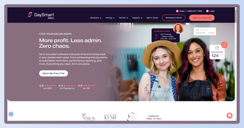 DaySmart Salon POS software interface with commission tracking and client management tools