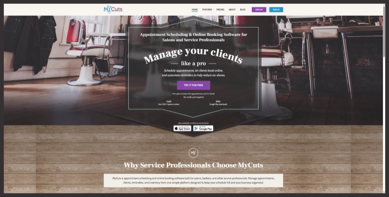 MyCuts homepage, headline "Manage your clients like a pro" over a barbershop interior