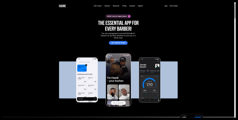 Squire homepage, headline "The essential app for every barber" above three app screens showing booking, a barber profile and a sales dashboard
