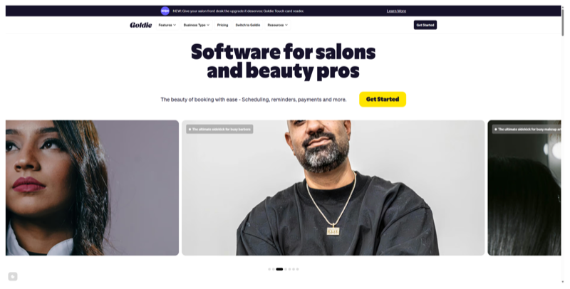 Goldie homepage, headline "Software for salons and beauty pros" above a carousel of barbers and stylists