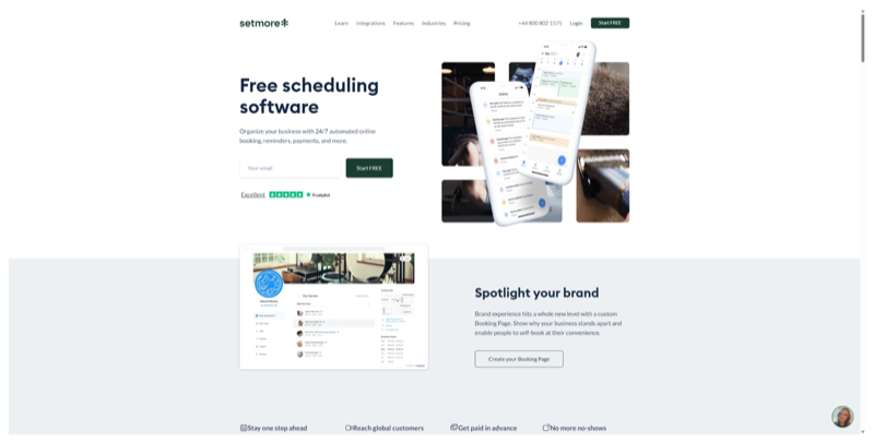 Setmore homepage, headline "Free scheduling software" beside app screens showing a calendar and activity feed
