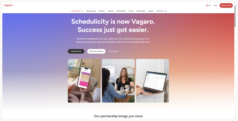 Vagaro homepage announcing "Schedulicity is now Vagaro" above photos of the booking app, a salon payment and a desktop calendar