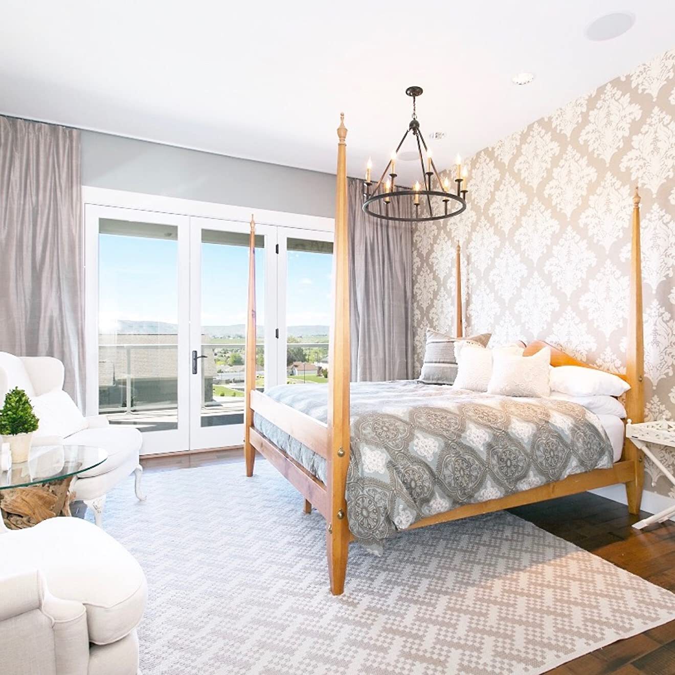 Master Bedroom Transitional Wallpaper Poster Bed Neutral