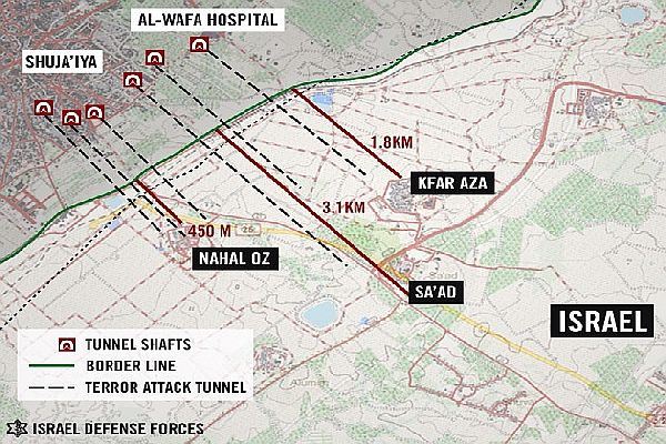 IDF map of terrorist tunnels near Israeli communities near the Gaza border, already discovered and mapped. July 27, 2014 (Photo Credit: IDF Spokesperson's Unit)