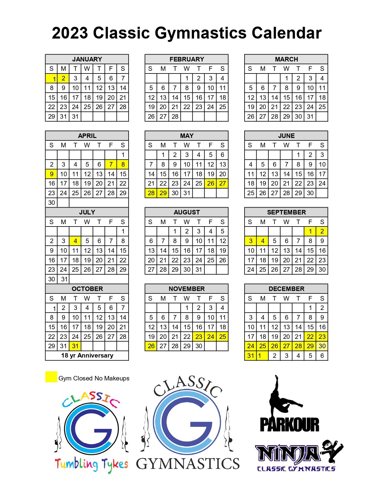 Classic Gymnastics Calendar