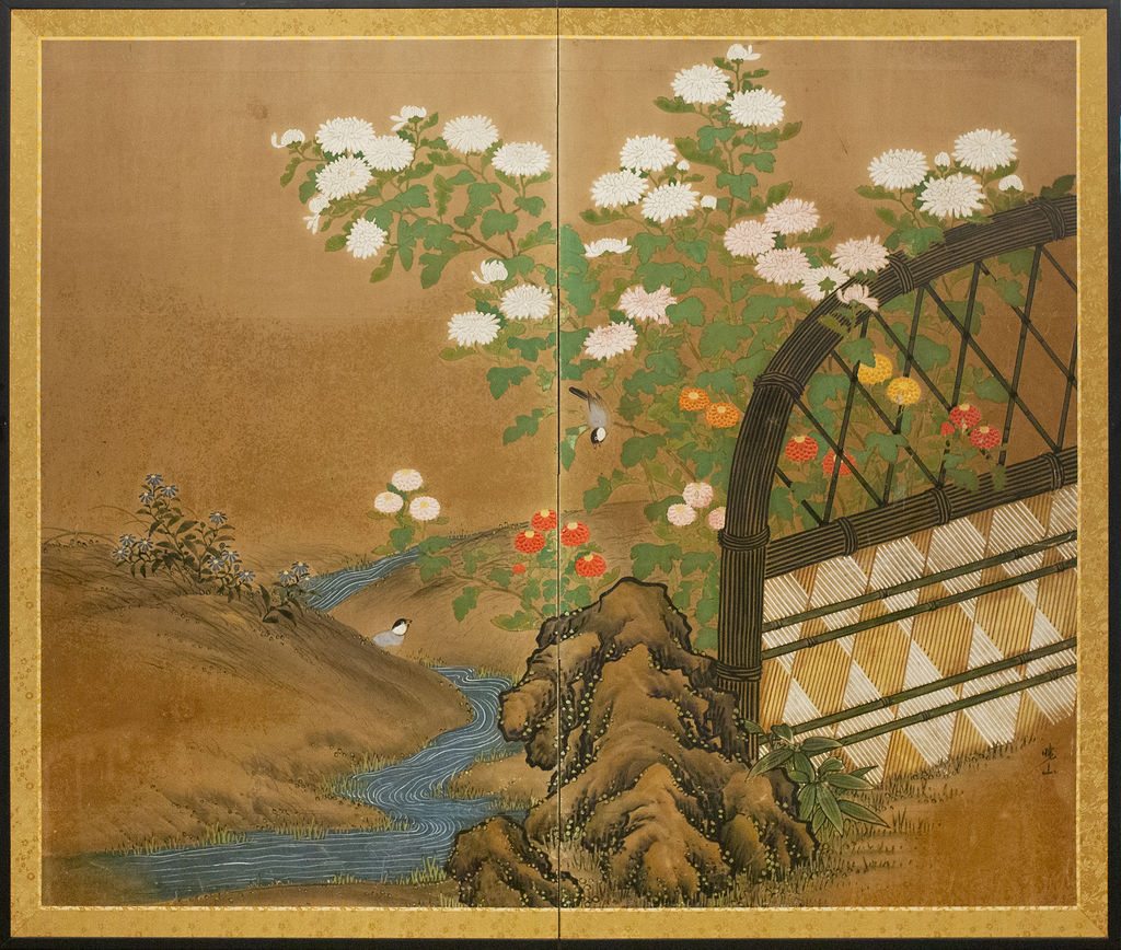 Japanese Two Panel Screen Garden Scene with Crysanthemums Naga Antiques