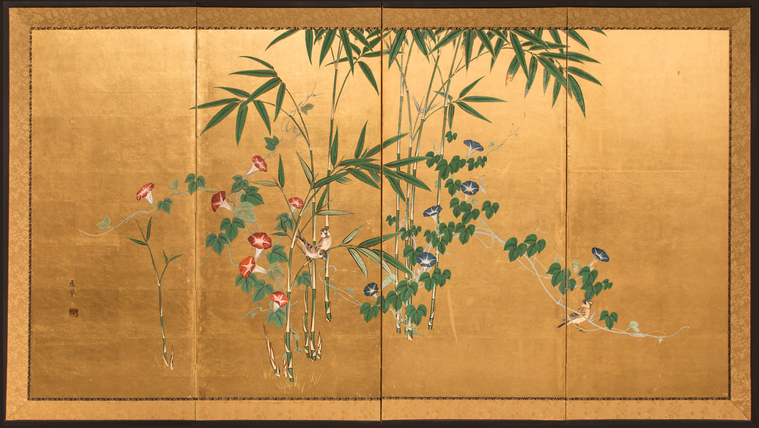 Japanese Four Panel Screen Young Bamboo and Morning Glory Naga Antiques
