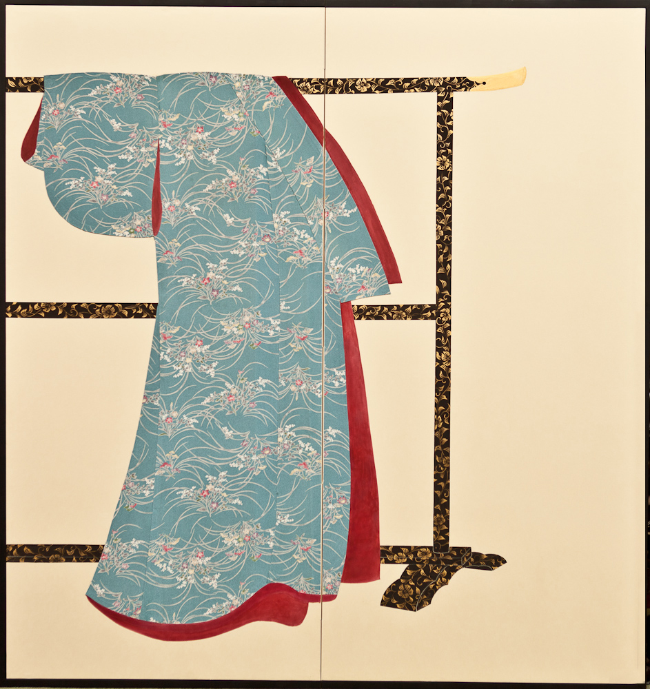 Japanese Two Panel Screen Kimono On Lacquer Rack Naga Antiques